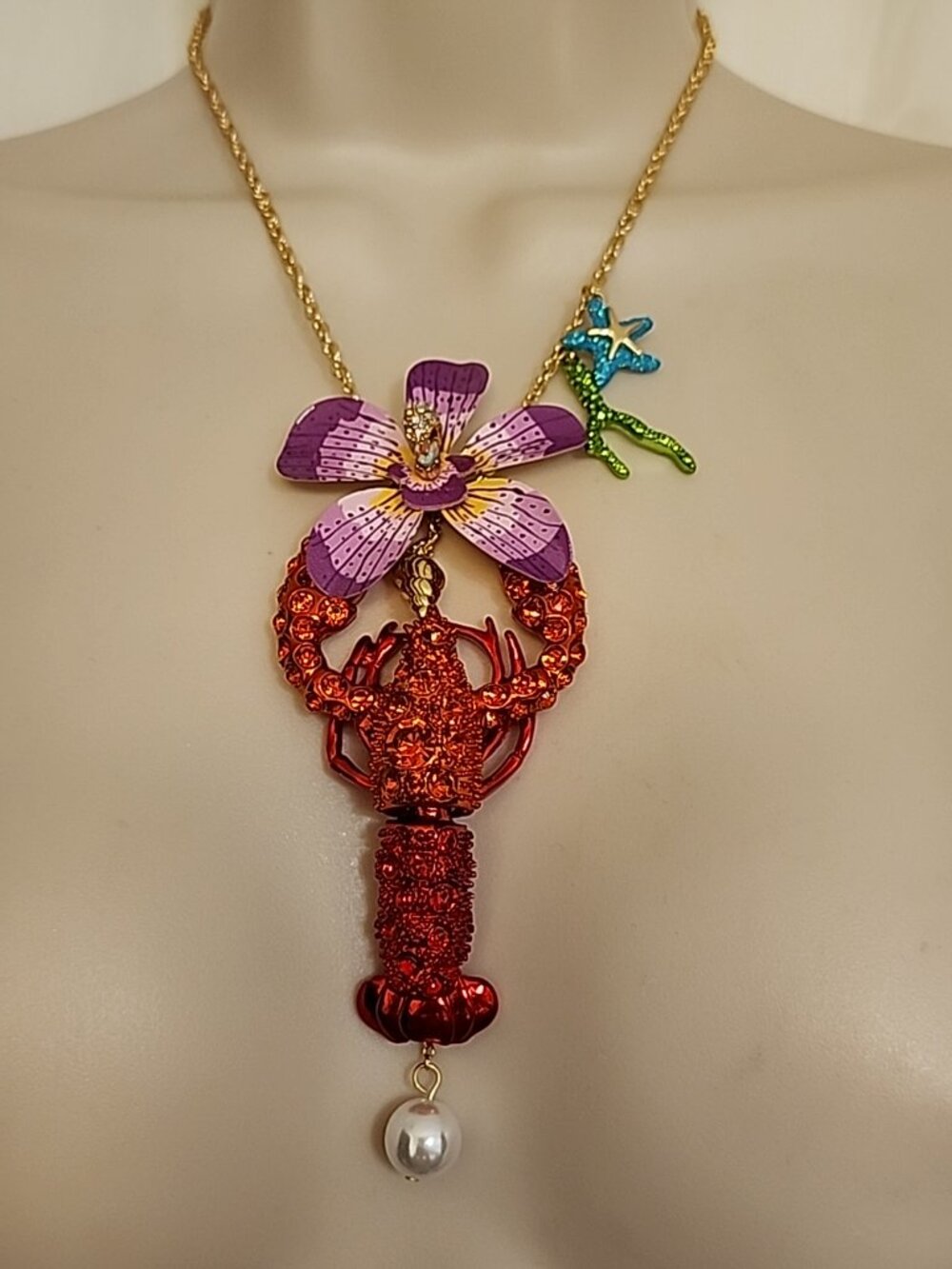 Betsey Johnson Red Rhinestone Lobster Necklace Mermaid Starfish Pendants NWT
